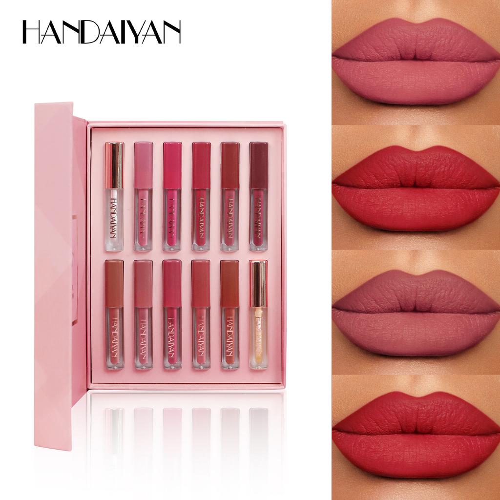 HANDAIYAN 12-Color Lip Gloss Lipstick Set Liquid Matte Velvet Matte Women's Makeup Long-lasting Waterproof Non-stick Cup Non-fade