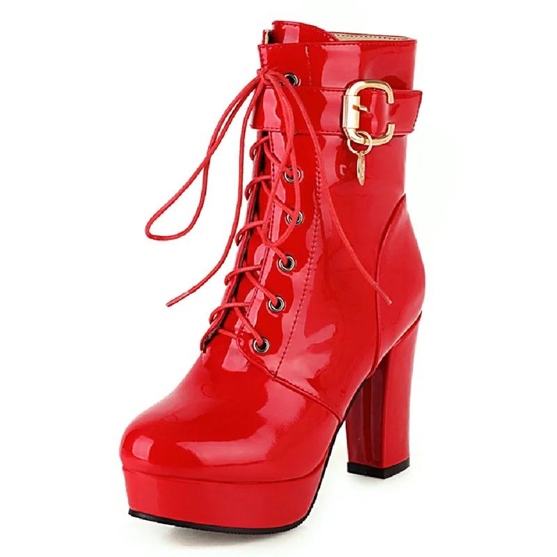 Lace Up Women‘s Ankle Boots Platform Fashion Heels Short Boot Female Leather Black Red White Fetish Party Dance Shoes Large Size