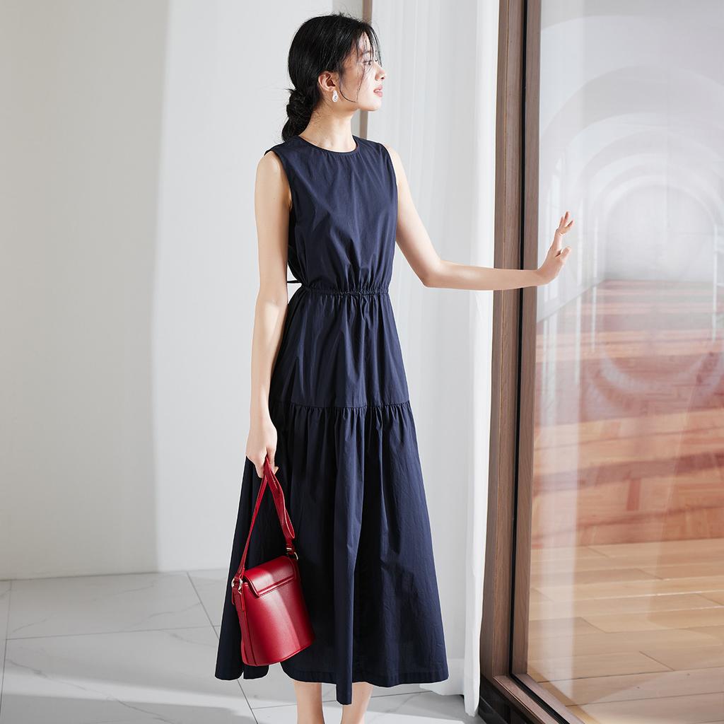 Cotton round neck sleeveless vest dress for 2026 summer, loose and casual, over the knee slimming and long skirt