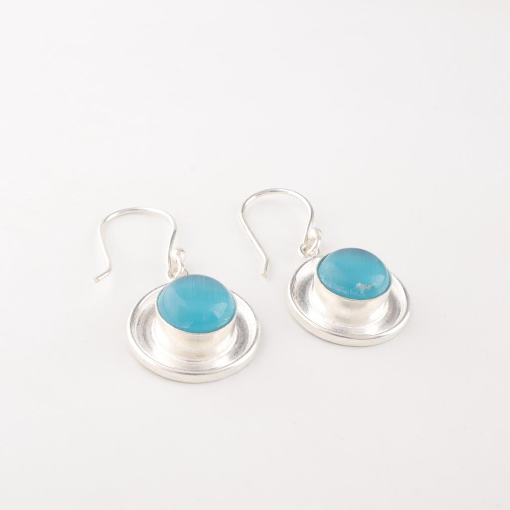 Blue Cat's Eye 925 Fine Silver Gemstone Jewelry Handmade Earrings 1.40" For Mom EE-4-48