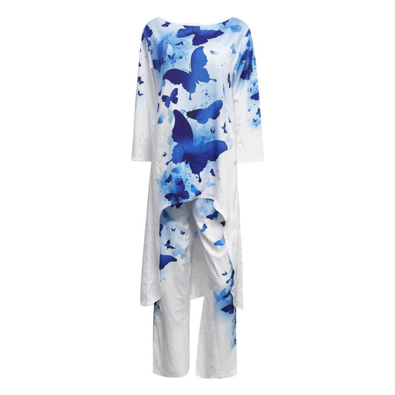 Женский комплект, модный повседневный свободный топ больших размеров с укороченными рукавами и принтом нестандартной формы + прямые брюки