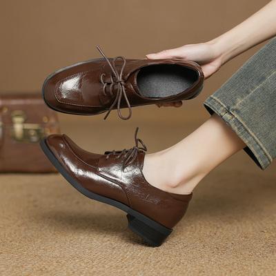 Новые удобные туфли на низком каблуке из маленькой кожи на шнуровке на толстой подошве противоскользящие большого размера повседневные однотонные с открытым подъемом на плоском каблуке одинарные туфли