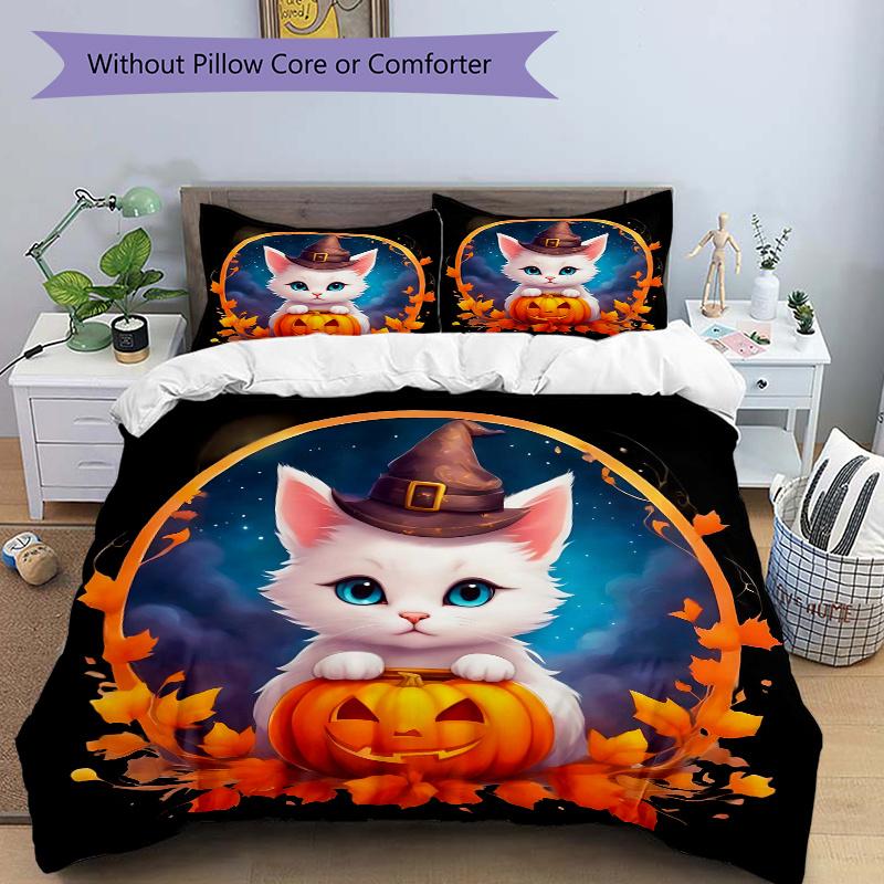 3pcs Halloween Cute White Cat Pumpkin Quilt Set - Soft and Comfortable Bedroom, Guest Room and Dorm Decor Bedding Set 1 Quilt Cover + 2 Pillowcas