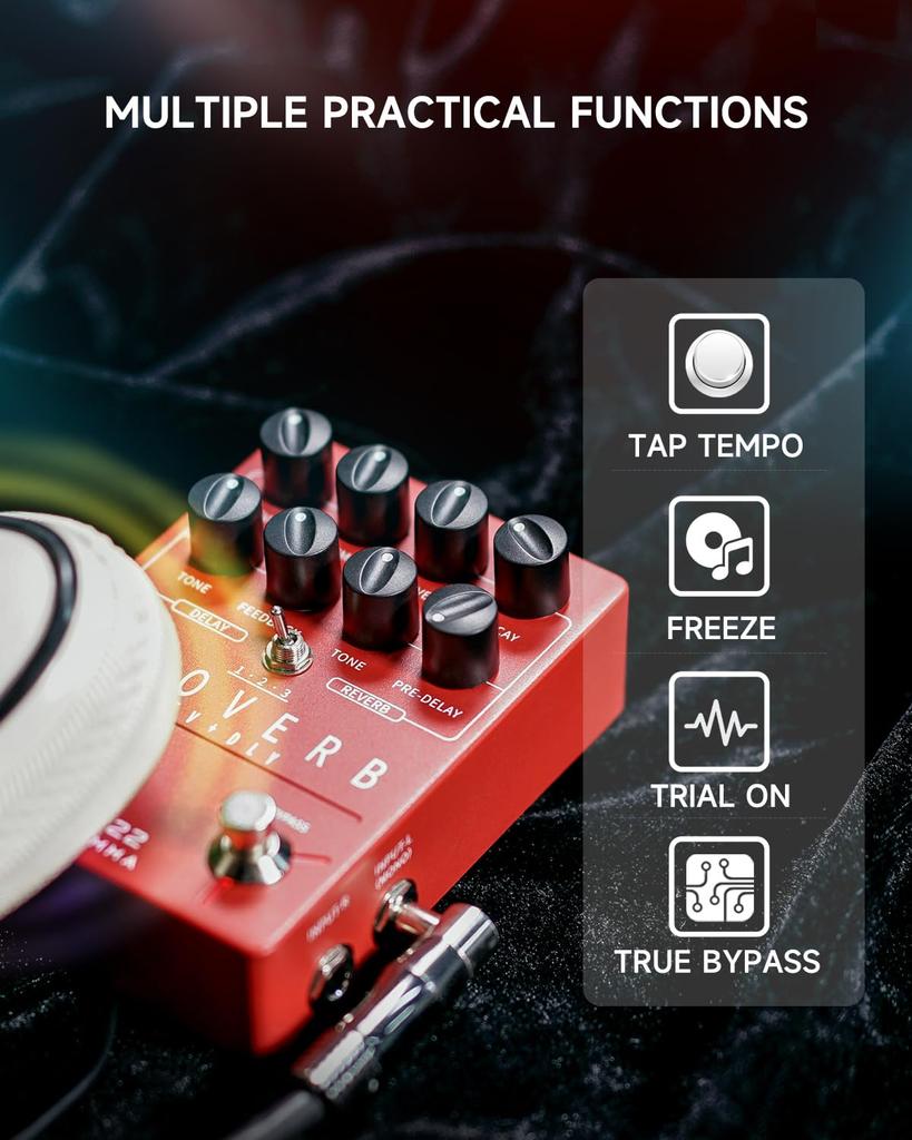 FLAMMA FS22 Delay and Reverb Guitar Effects Pedal with Tap, Tempo, Freeze, and Trail-On Functions, Red, ATMOSPHERE Stereo Digital Effects Pedal