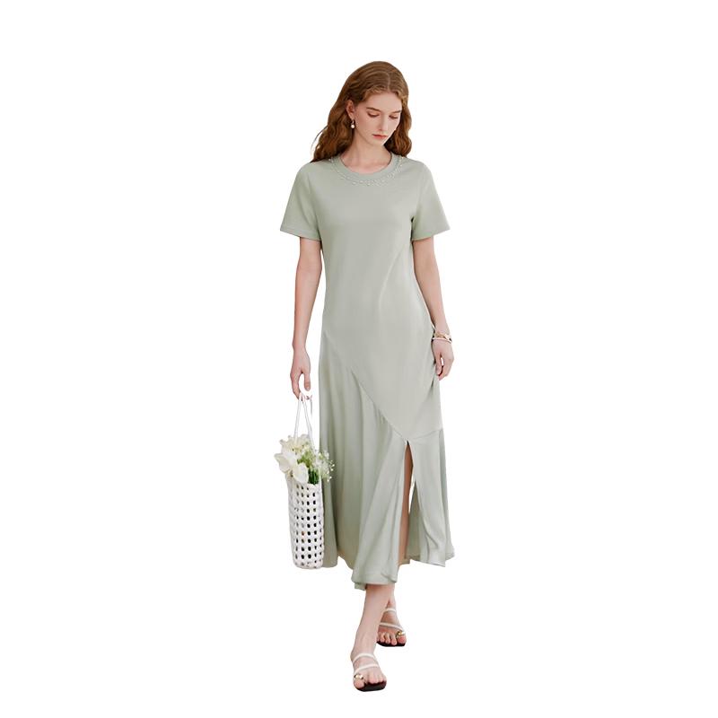 Women's Summer Knit Midi Dress with Satin Splicing