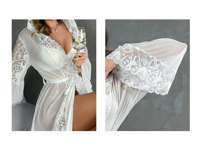 Сексуальный сетчатый халат с капюшоном и кружевной отделкой, нижнее белье с поясом