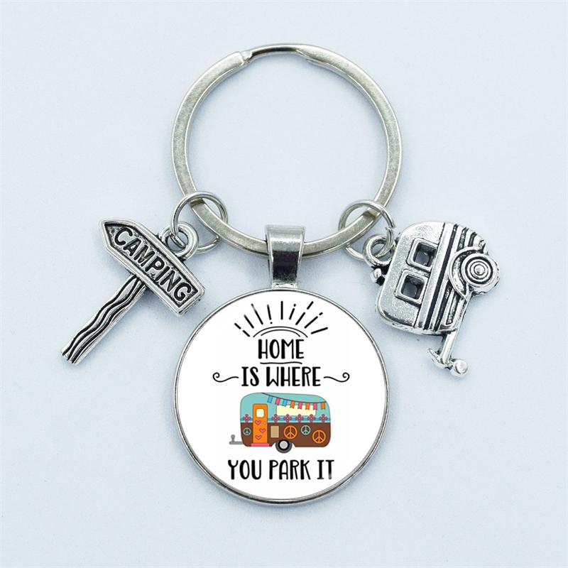 Cute Camper Wagon Keychain, I Love Camping Keychain, Trailer Signpost Keychain, Vacation Travel Memorial Jewelry Gifts