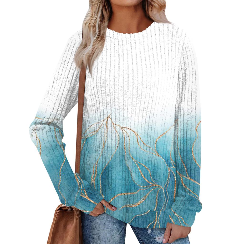 Women's Winter Color-Block Printed Lightweight Brushed-Cotton Round Neck Top