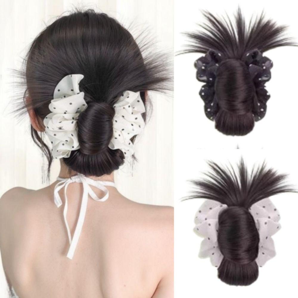 Polka Dot Messy Bun Head Wig Claw Clip False Hair Pieces Chicken Feather Ball Head  Women