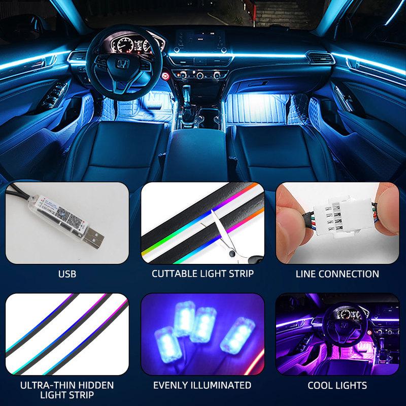 10 в 1 Светодиодная акриловая световая полоса для автомобиля RGB Симфония Автомобильные внутренние полосовые огни Управление с пульта/приложения Декоративная атмосферообразующая лампа