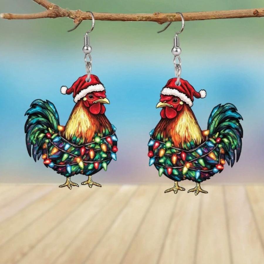 Cross-border new colorful light strings, cock earrings, flat acrylic Christmas gifts, creative funny animal earrings.
