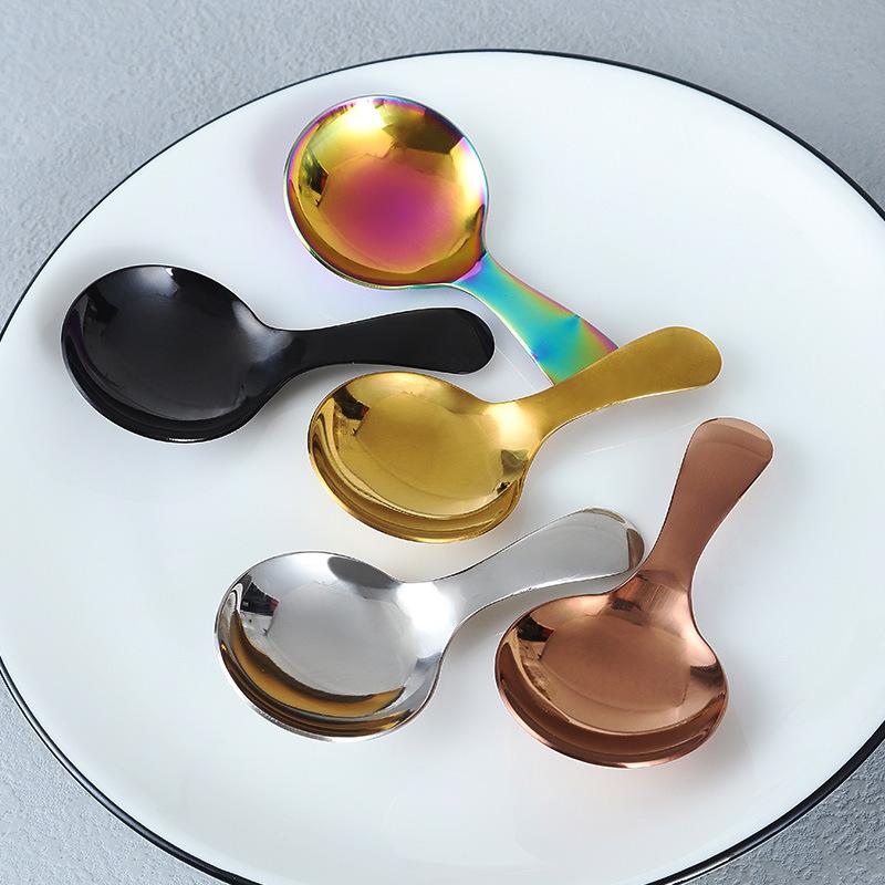 304 Stainless Steel Spoon Creative Short Handle Children's Spoon Cute Dessert Ice Cream Spoon Titanium Plated Tea Round Spoon