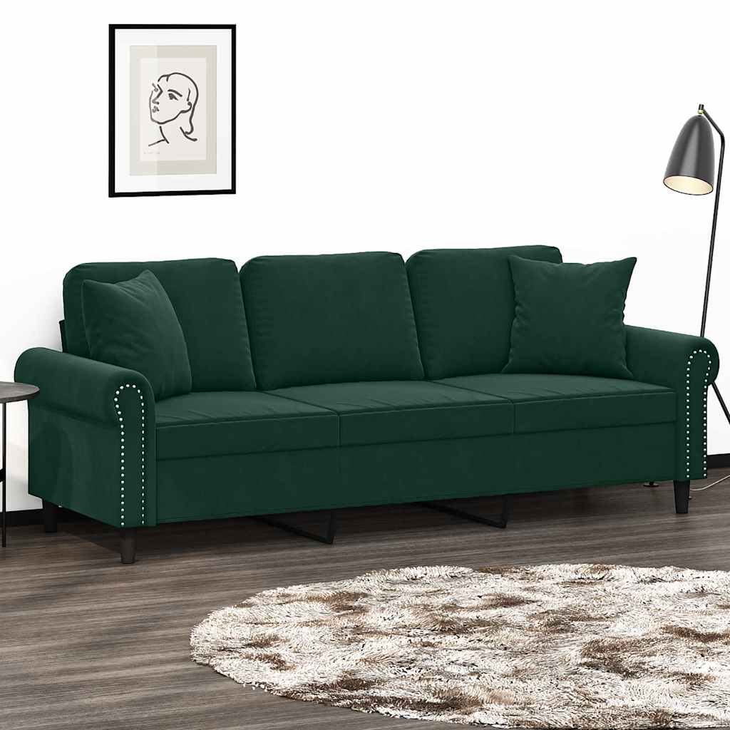 3 Seater Sofa with Decorative Cushions Dark Green 180 cm Velvet