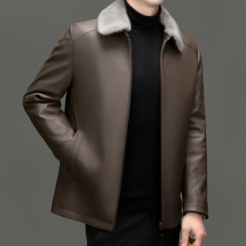 Leather Jacket Men's Genuine Leather Down Jacket Jacket Middle-aged and Elderly Dad Sheep Leather Jacket Winter Thickened Leather Top