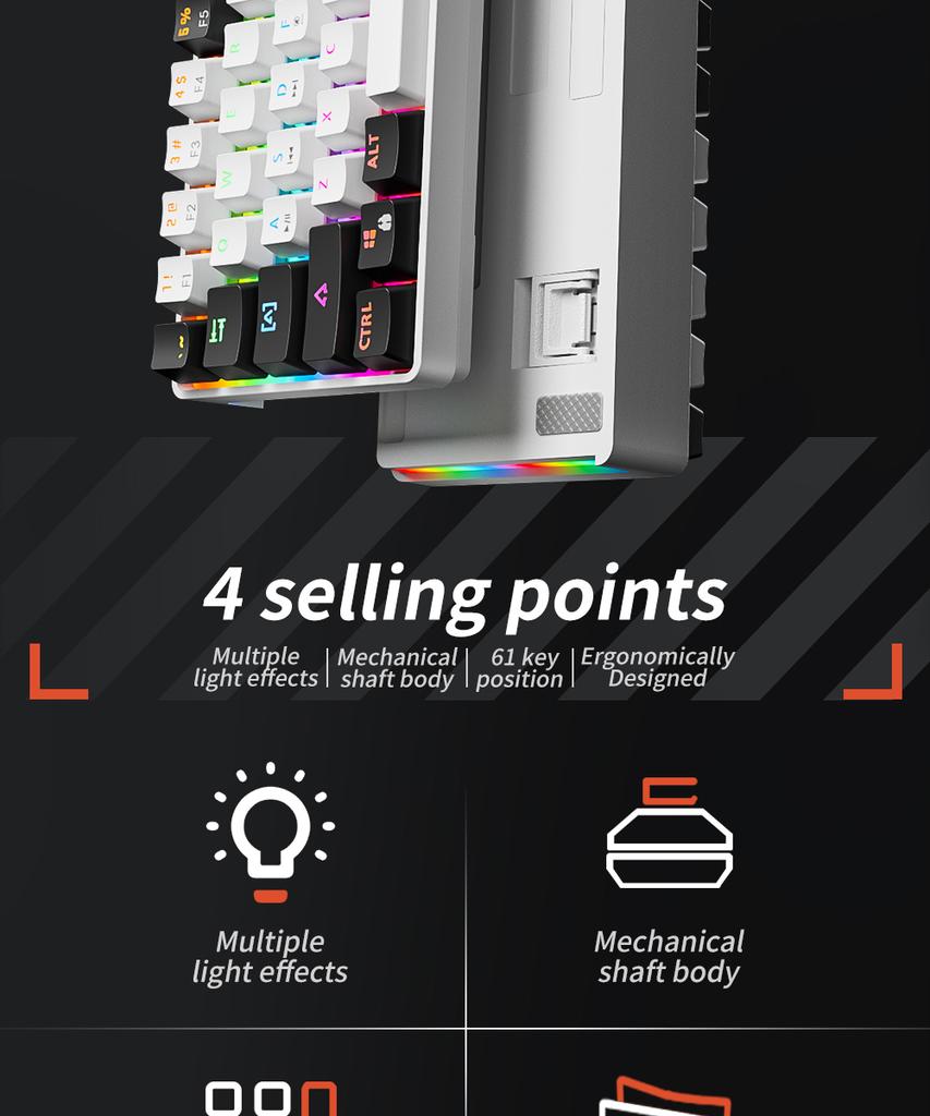 Механическая клавиатура MK61 USB Gaming с красным переключателем и RGB-подсветкой, с возможностью горячей замены, 61 клавиша, проводная, съемный кабель