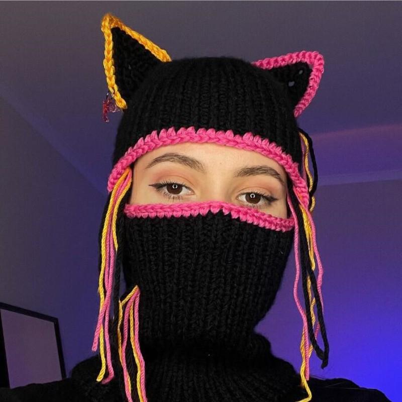 Handmade Knitted Cat Ear Pullover Hat Autumn and Winter Striped Cute Woolen Hat