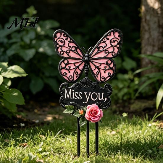 Outdoor Sympathy Gift Butterfly Memorial Garden Stake, Miss You Sign, Pink Acrylic Rose Decor Yard Art Stake for Lawn Courtyard Cemetery Decoration