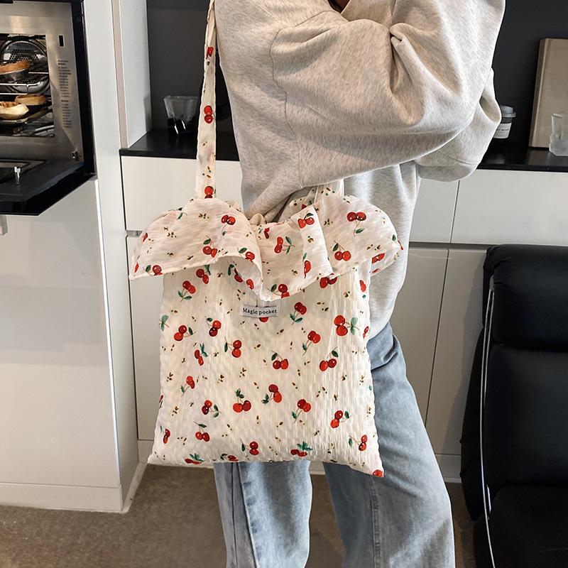 Spring and Summer New Mesh Cherry Floral Large-capacity Shoulder Bag Fairy Wind Chiffon Lotus Leaf Edge Portable Tote Bag