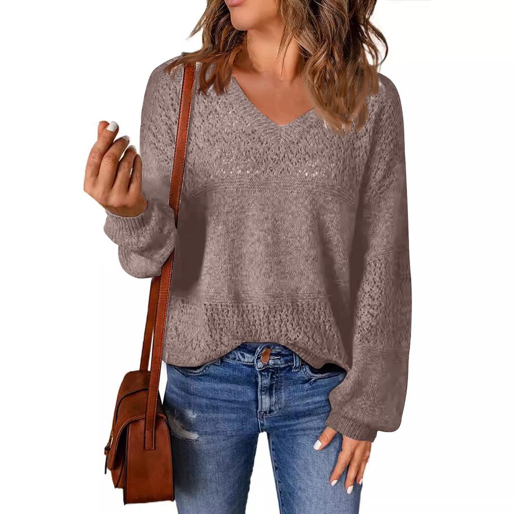 Модный свитер женский осенний однотонный пуловер свободный V-образный вязаный топ