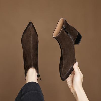 Мода НОВЫЕ Осенние Женские Ботинки Кожаные Туфли из Детской Замши для Женщин Острый Носок Массивный Каблук Ботильоны на Молнии Комфортная Повседневная Обувь