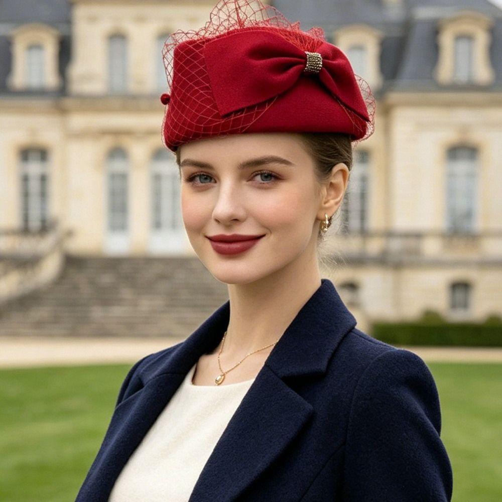French Style Mesh Topper Hat Fedoras Woolen Beret Fashion Formal Hat Autumn and Winter