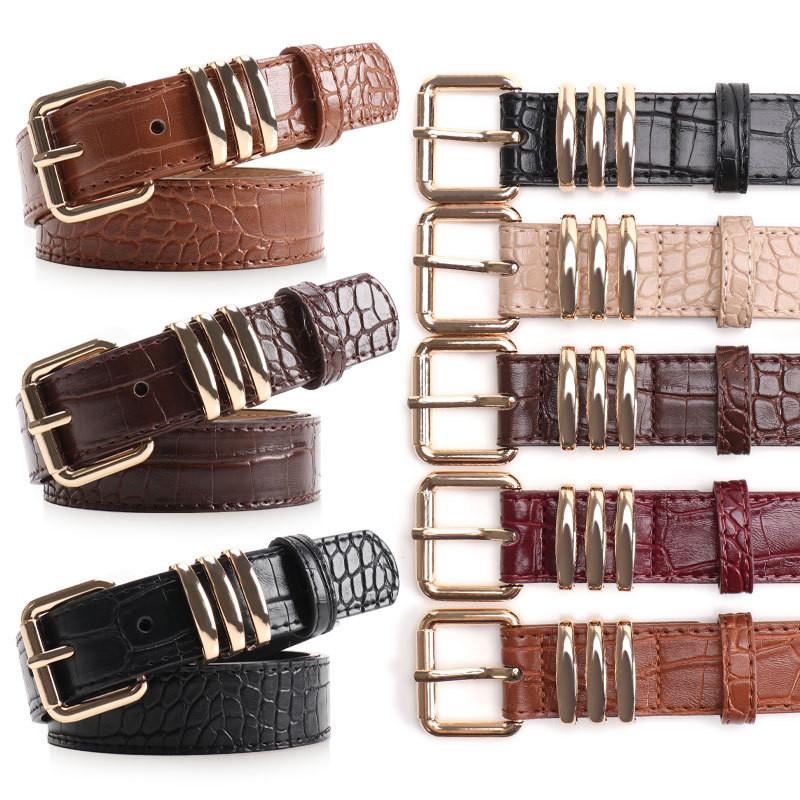 Womens Leather Pu Stone Pattern Belt With Alloy Buckle For Casual Office Wear