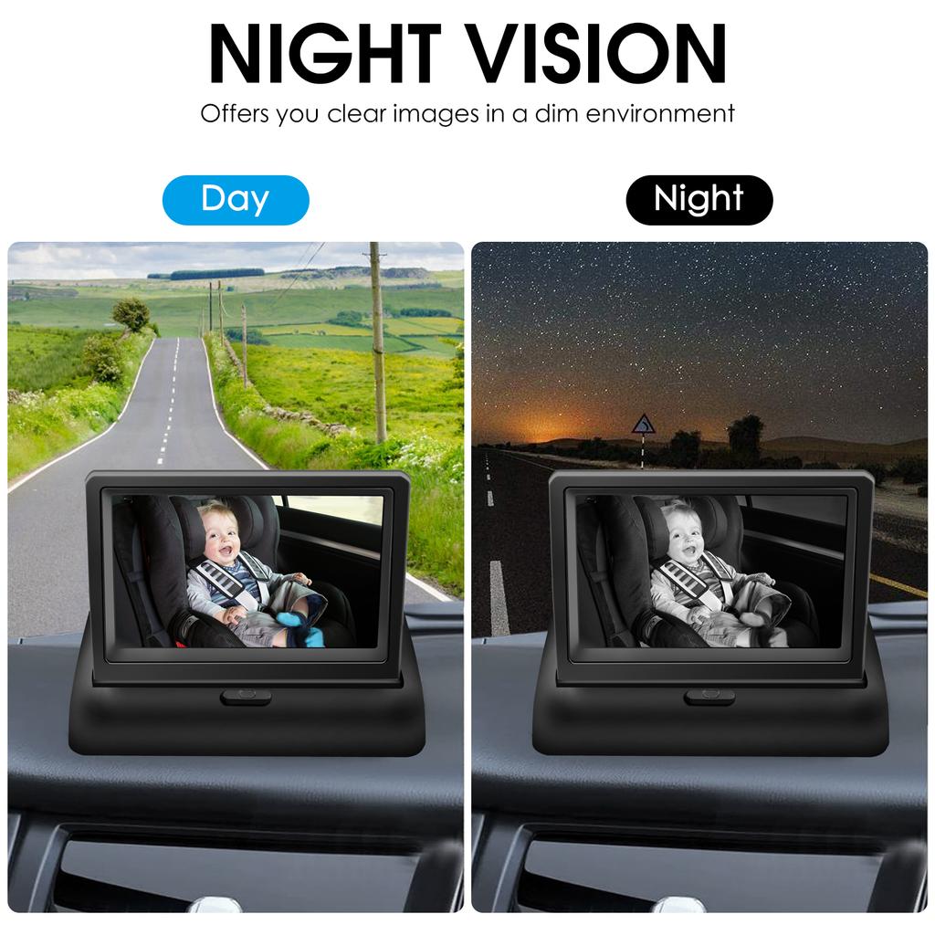1080P Baby Car Camera, 4.3 Baby Monitor with Night Vision Function and 150 Degrees Wide View, 360 Degrees Rotation