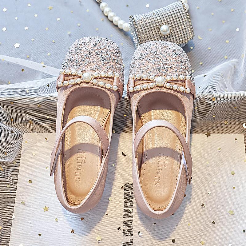 High-heeled girls' princess shoes for spring and autumn2026New style little girl's leather shoes with dress, soft-soled children's crystal shoes