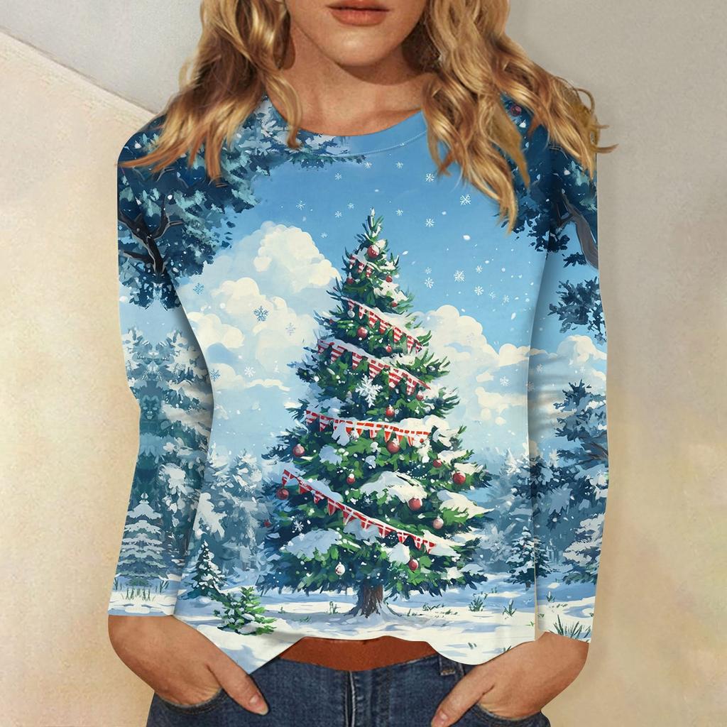 Рубашки с длинным рукавом для женщин Милые принты Футболки Блузки Повседневные Большие размеры Базовые топы Пуловеры Рождественские