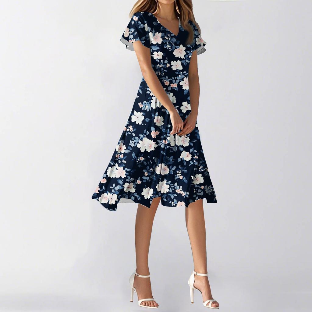 Women's Summer Casual Fashion Flower Print Dress V Neck Short Sleeve Short Skirt