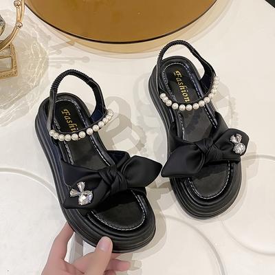 Модные популярные сандалии для женщин на лето, толстая подошва, жемчужные пляжные туфли в стиле феи, мягкая подошва, модные римские туфли, сандалии на платформе