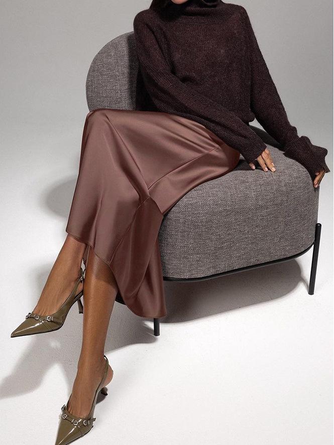 Весенняя юбка миди из коричневого сатина в стиле ретро для женщин - Европейская и американская офисная мода