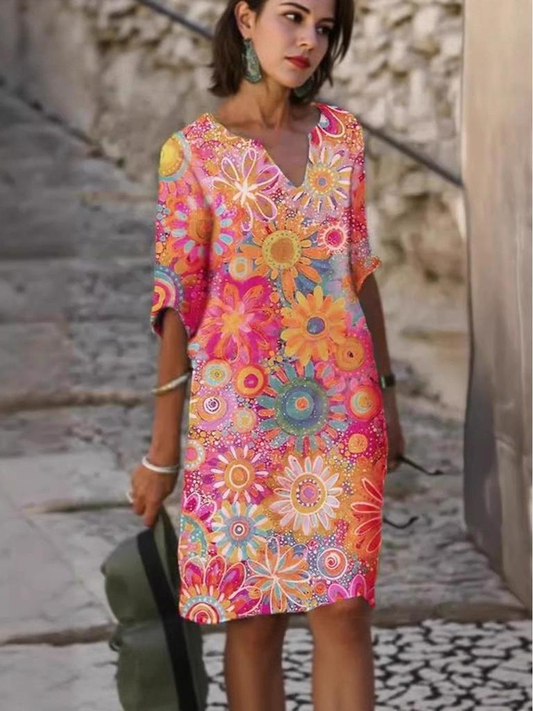 2025 Ретро Художественное Платье с V-образным вырезом, свободного кроя, с рукавами пять четвертей, большого размера