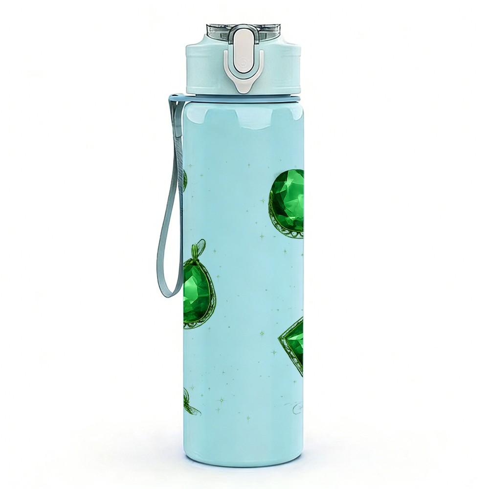 1PC Green Gem Stone Crystal Cluster Print 750ml Color Plastic Sports Water Bottle Leakproof Flip Straw Lid Suitable for Sports Office Home Use