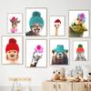 Funny Animals Cat with Hat Portrait Pictures Owl Cheetah Bear Poster Giraffe Zebra Print Canvas Painting Kitchen Bar Wall Decor