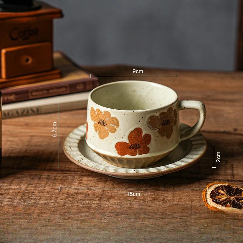 High-class Sense of Retro Coffee Cups and Saucers Set of Creative Rough Pottery Flower Cups Household High-grade Exquisite Mugs