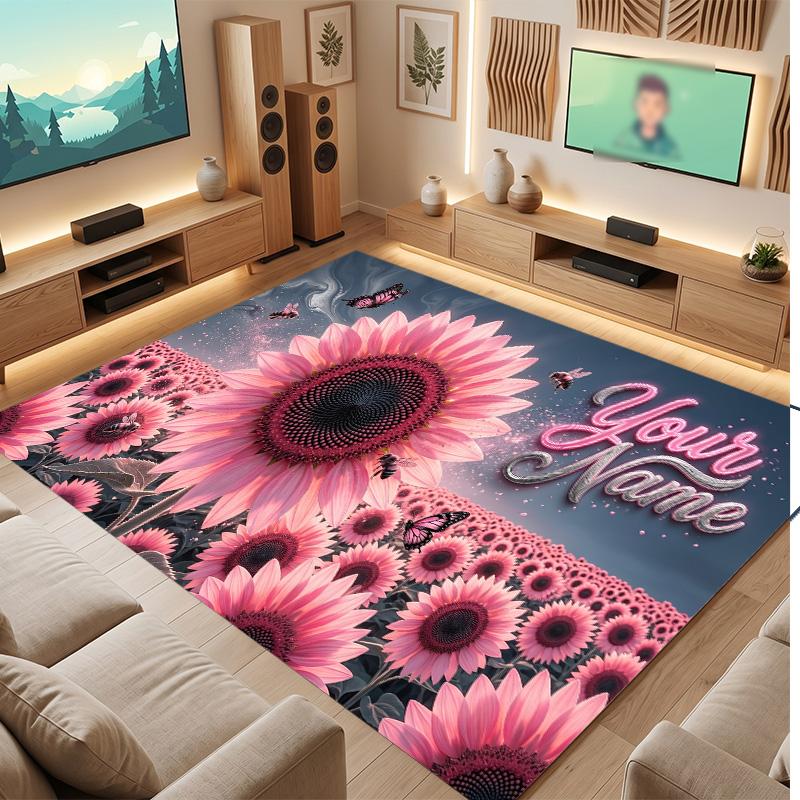 Floral Garden Theme Soft Crystal Velvet Rug Custom Name & Text Print Non Slip Floor Rug for Bedroom Living Room