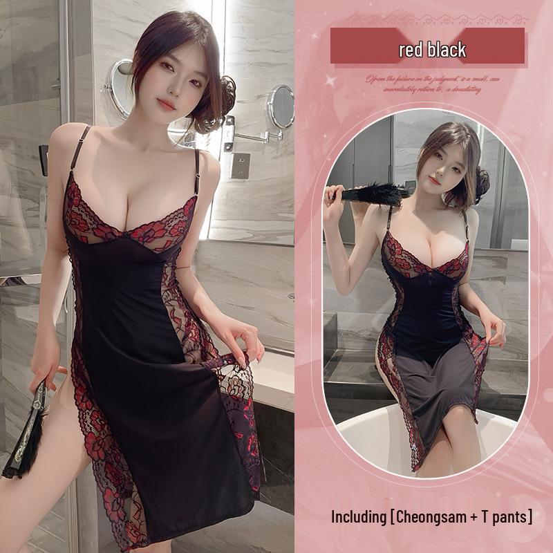 Элегантное прозрачное ночное платье на бретельках с кружевной отделкой и глубоким V-образным вырезом - Сексуальное и кокетливое