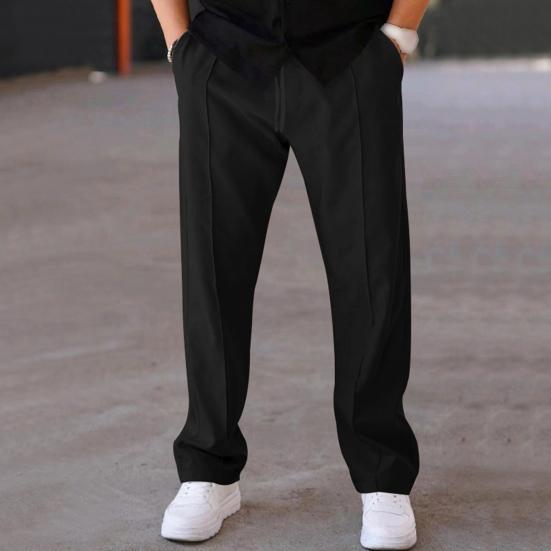 Men Straight Sweatpants Drawstring Elastic Waist Wide Leg Solid Color with Pockets