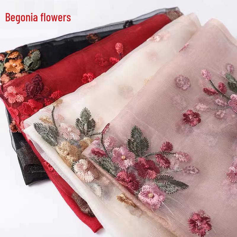 Luxury Wool Blend Silk Scarf: High-End Embroidered Begonia Design Shawl for Women