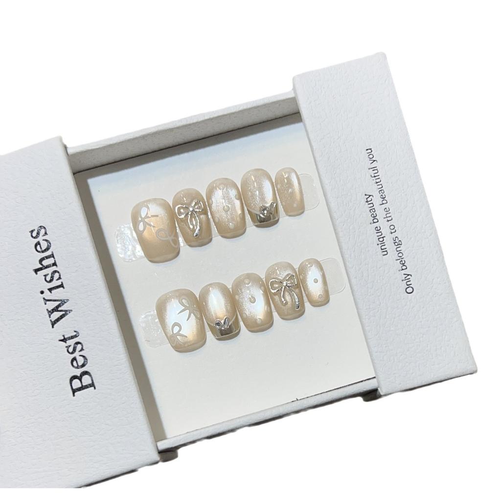 Cat Eye Scent Style Wearing Armor Short Style High-end Ambient Light Bulb Cat Eye Nail Art Hand-painted Bow Magic Mirror French