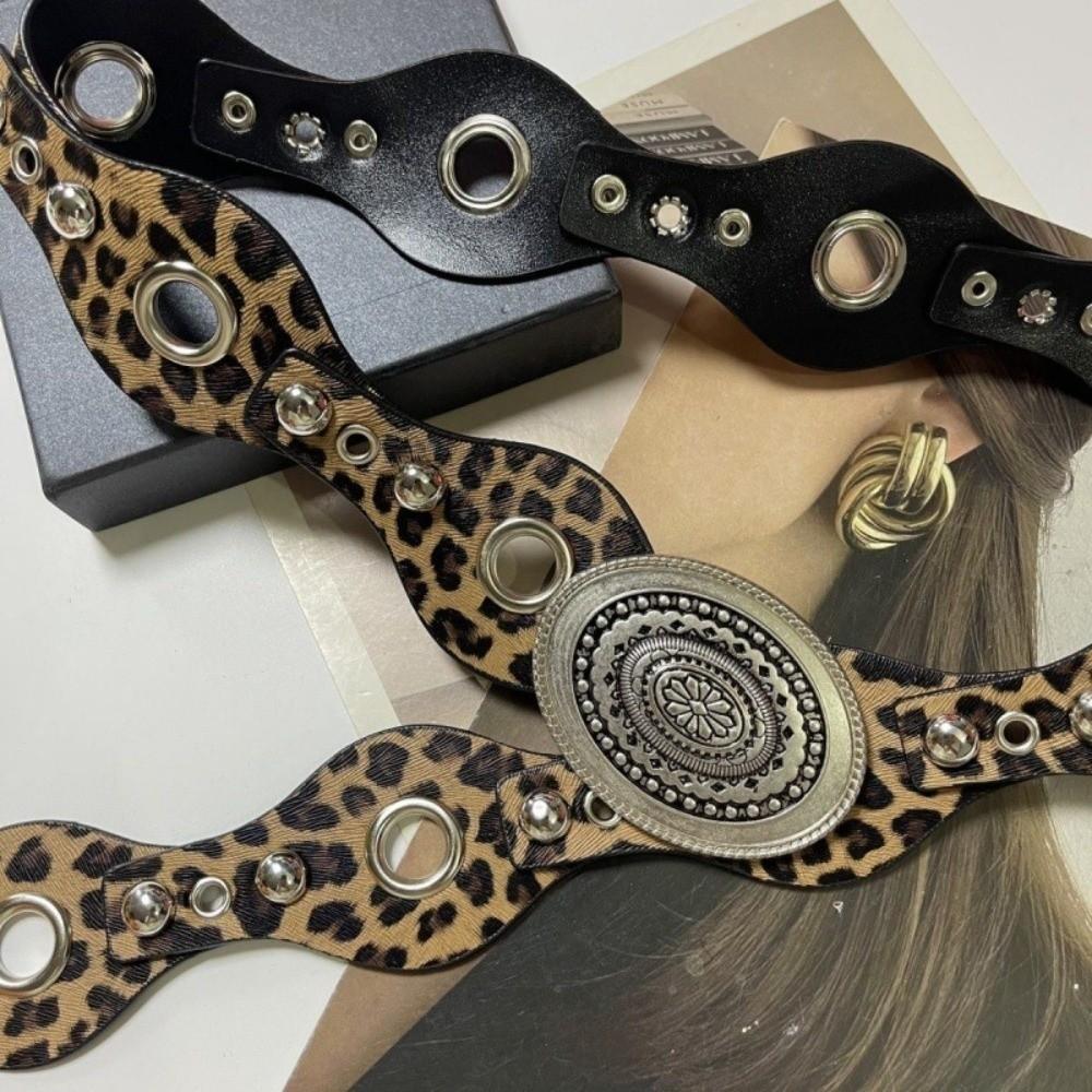 Vintage Women's Rivet Belt Leopard Dress Jeans Belt Leather Waistband  Waist Accessories