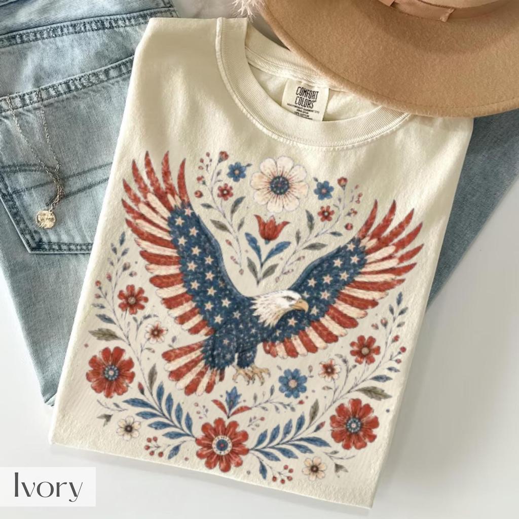 Patriotic Eagle Shirt, Folk Art American Bald Eagle Tee, Fourth of July Floral Eagle T-Shirt, Vintage USA Shirt, 4th of July Comfort Colors