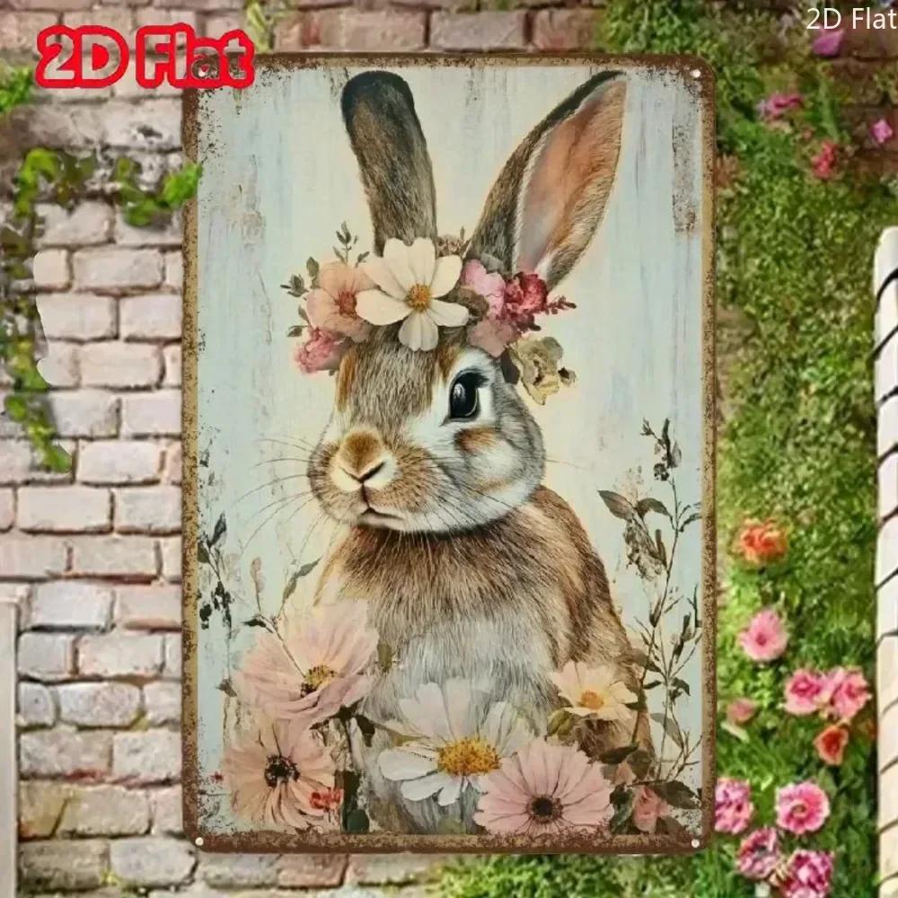 Металлическая табличка BUNNYBLOSSOM Винтажный кролик с цветочным венком - Ржавый железный настенный декор для дома
