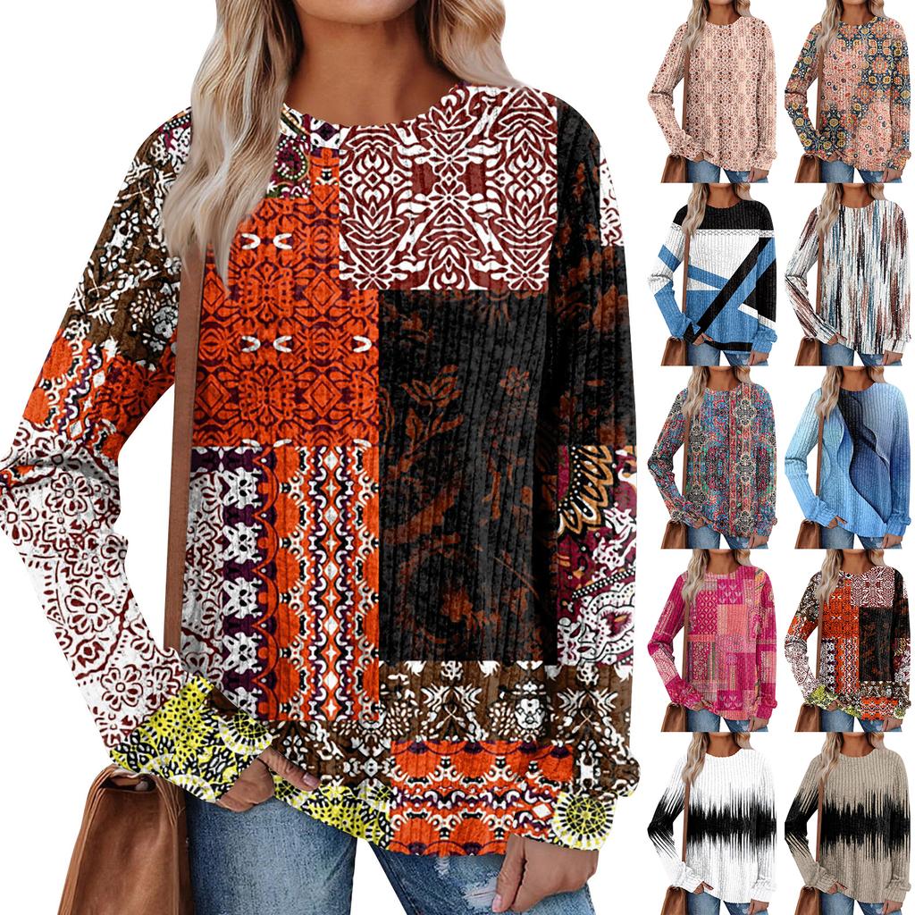 Women's Winter Color-Block Printed Lightweight Brushed-Cotton Round Neck Top