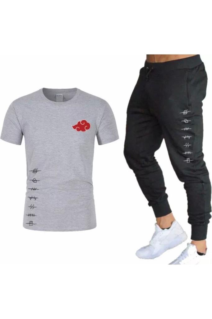 Мужской комплект спортивного костюма больших размеров больших размеров, хлопковый летний мужской спортивный костюм с короткими рукавами в стиле аниме с облачным принтом, комплект спортивного костюма больших размеров