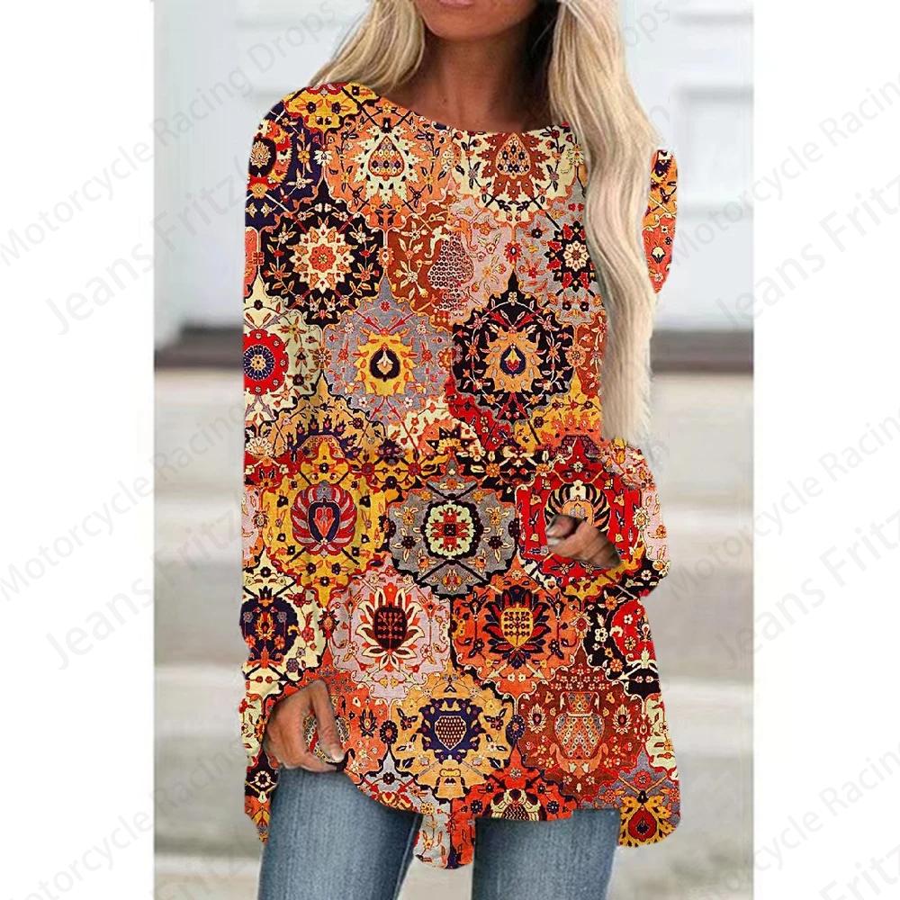 Футболки с европейским узором и 3D-принтом, женская модная футболка, туника с длинным рукавом, повседневные длинные топы, футболка с цветочным принтом, женская одежда y2K