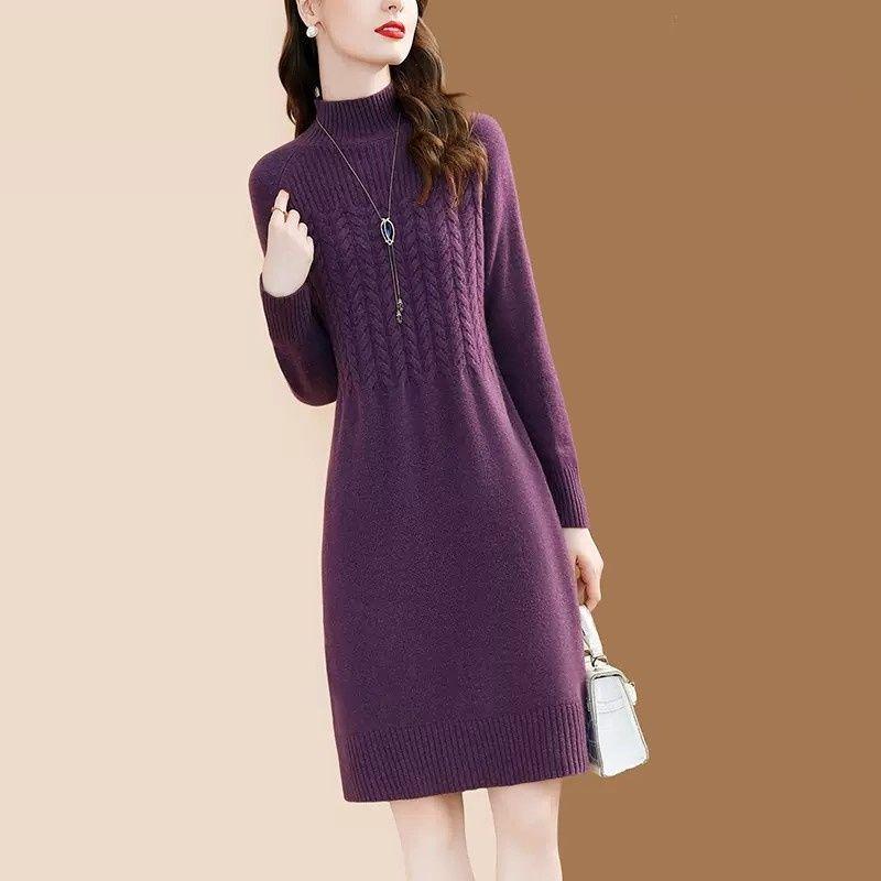 Модное платье-свитер для женщин Универсальное трикотажное базовое платье с полувысоким воротом Повседневный пуловер