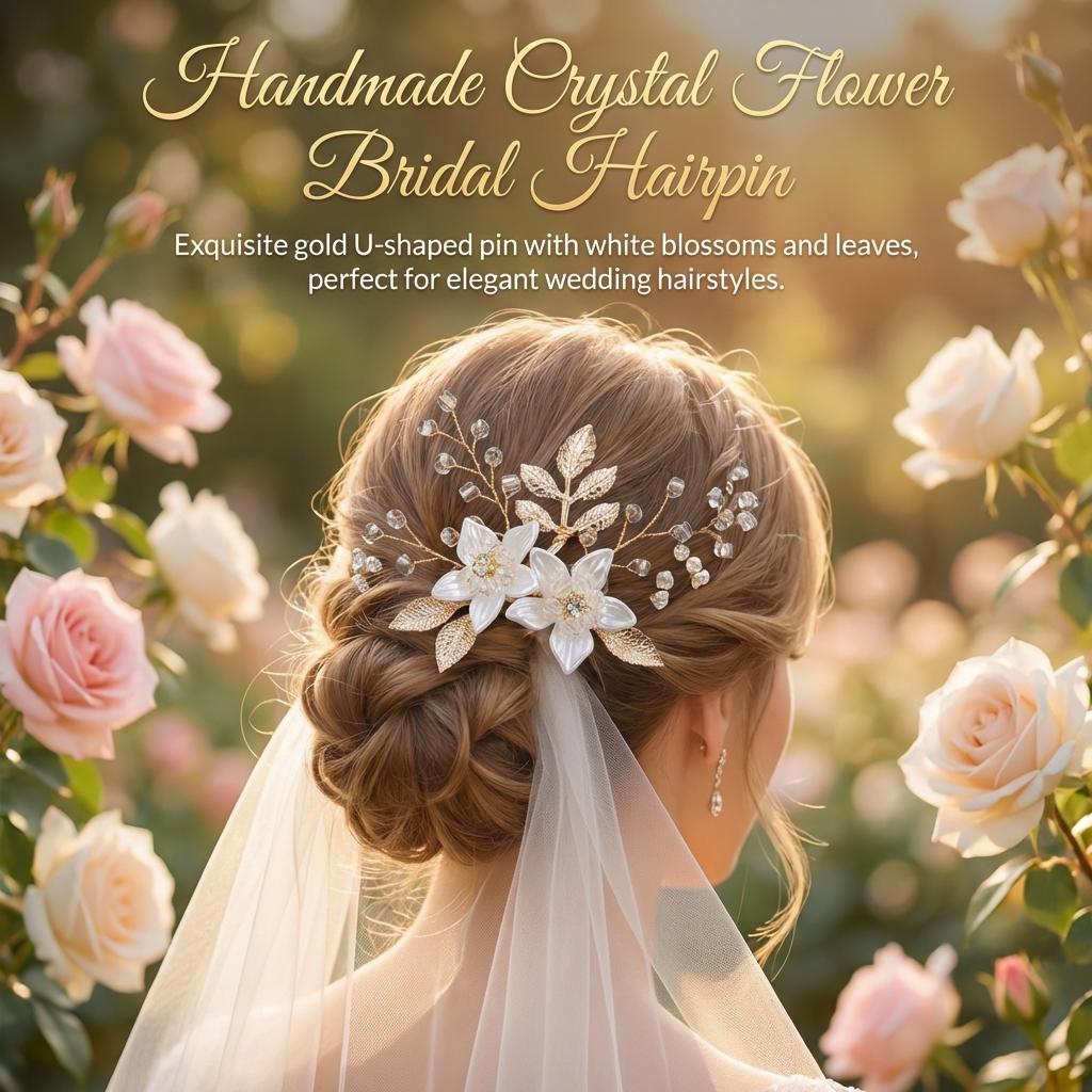 Bridal Wedding Hairpin White Flower Leaf Design Crystal U Pin For Elegant Hairstyles