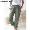 Женские брюки, свободные широкие брюки, повседневные эластичные хлопковые льняные брюки